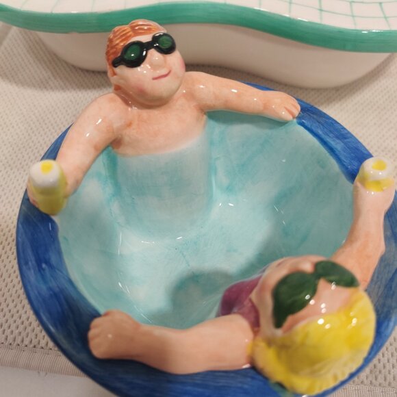 1995 Vtg Lotus Chip And Dip Swimming Pool Party And Hot Tub / Floaty Ceramic Set - Picture 5 of 16